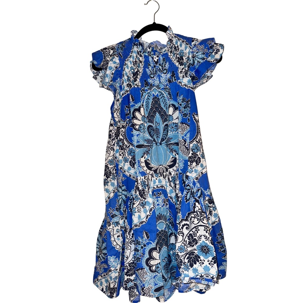 Love the Label Dress XS Blue White Floral Smocked Neck Ruffle Sleeve - Picture 5 of 5